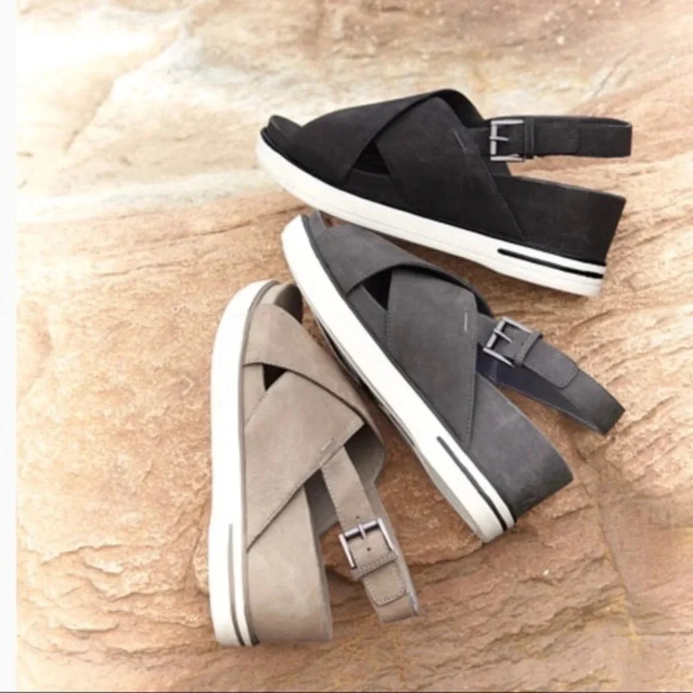 Eileen Fisher “Good” Leather Wedge Platform Sandal 8.5 Crisscross Graphite